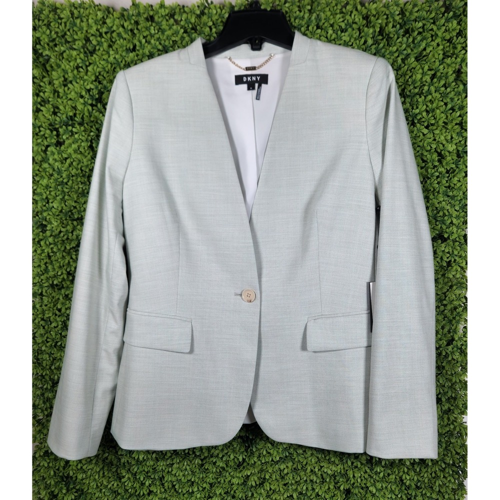 DKNY Peach Perfect Collarless Single Button Blazer Mint Green UB0JX221 Womens 10